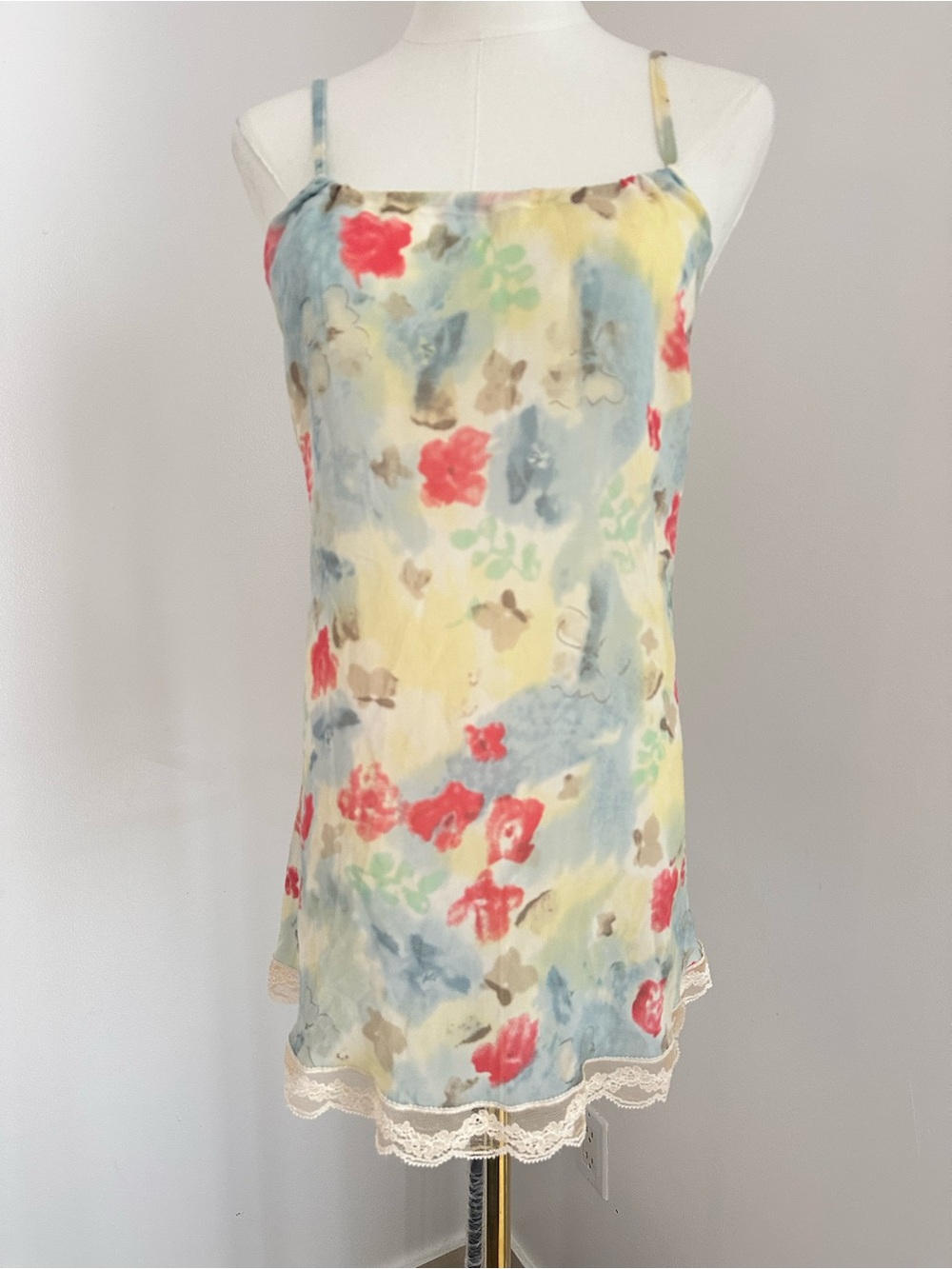 La Perla Silk Floral Watercolor Slip dress with Lace Trim